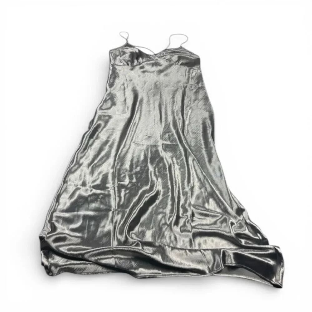 Madewell Midi Slip On Dress Satin Gray Strappy Sexy Shiny Glam Party Elegant 14